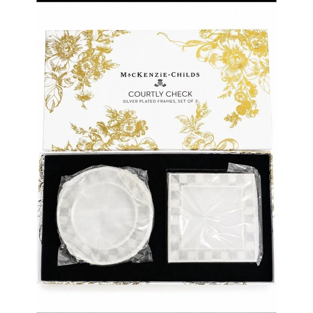 NEW MacKenzie-Childs Courtly Check Silver Plated Frames Set of 2 in Gift Box
